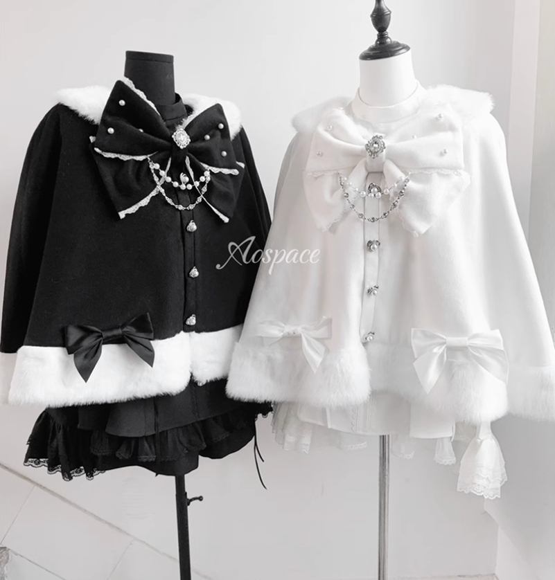 Jirai Kei Cape Plush Coat With Rhinestone Bow Knot 42149:731012