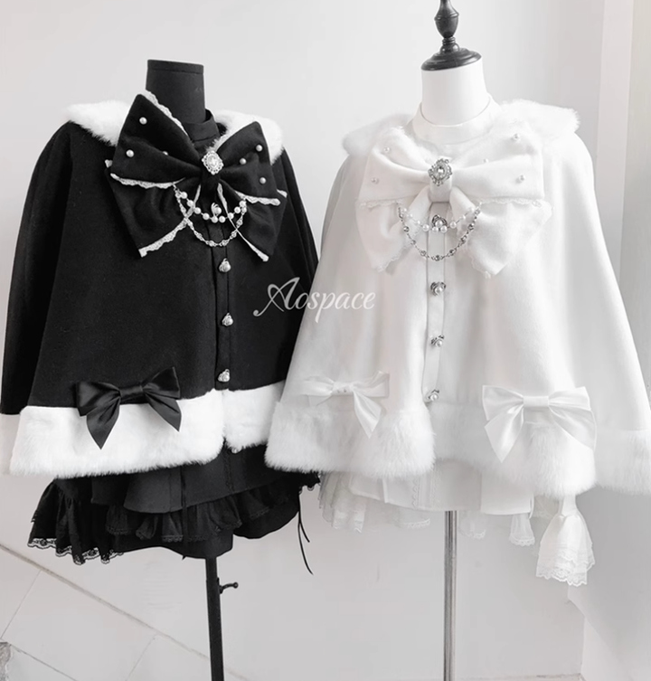 Jirai Kei Cape Plush Coat With Rhinestone Bow Knot 42149:731012