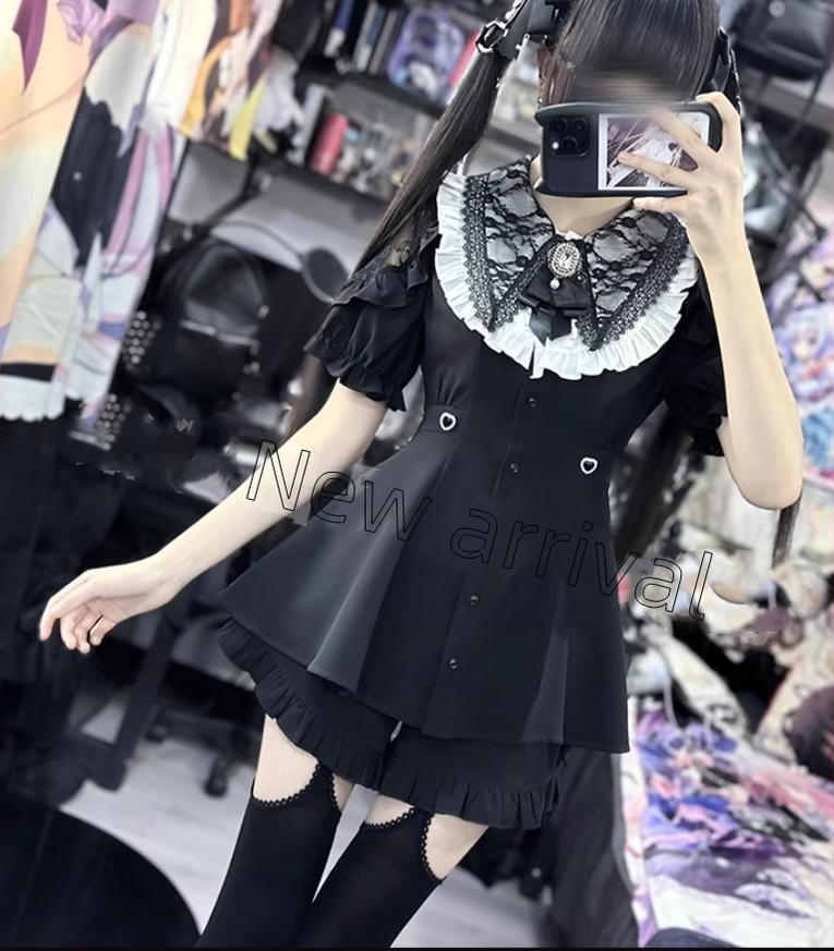 Jirai Kei Full Set Short Sleeve Puritan Collar Black Dress Set 37842:573656