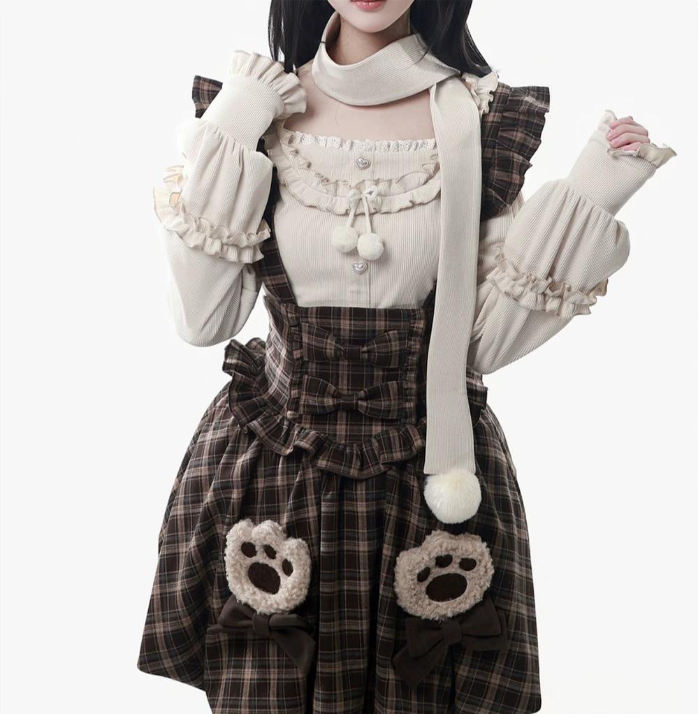 Winter Plaid Suspender Bubble Skirt, Bear Ear Plush Cape 45991:872201