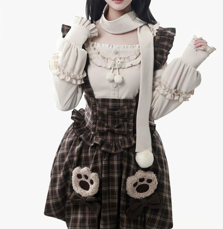 Winter Plaid Suspender Bubble Skirt, Bear Ear Plush Cape 45991:872201