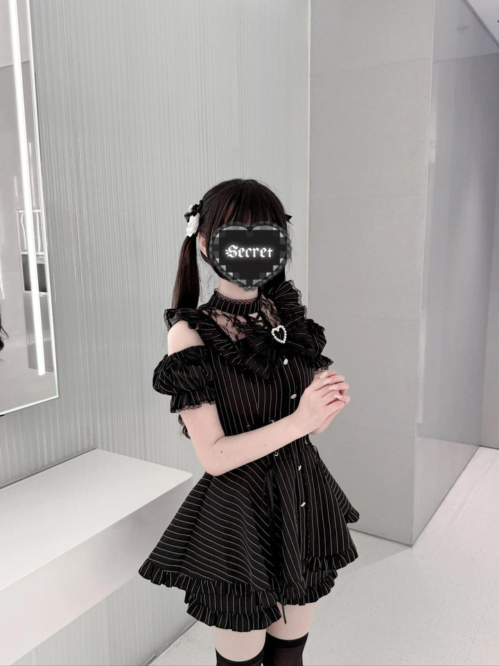 Jirai Kei Pure & Striped Black Dress, Open Shoulder 44960:834888