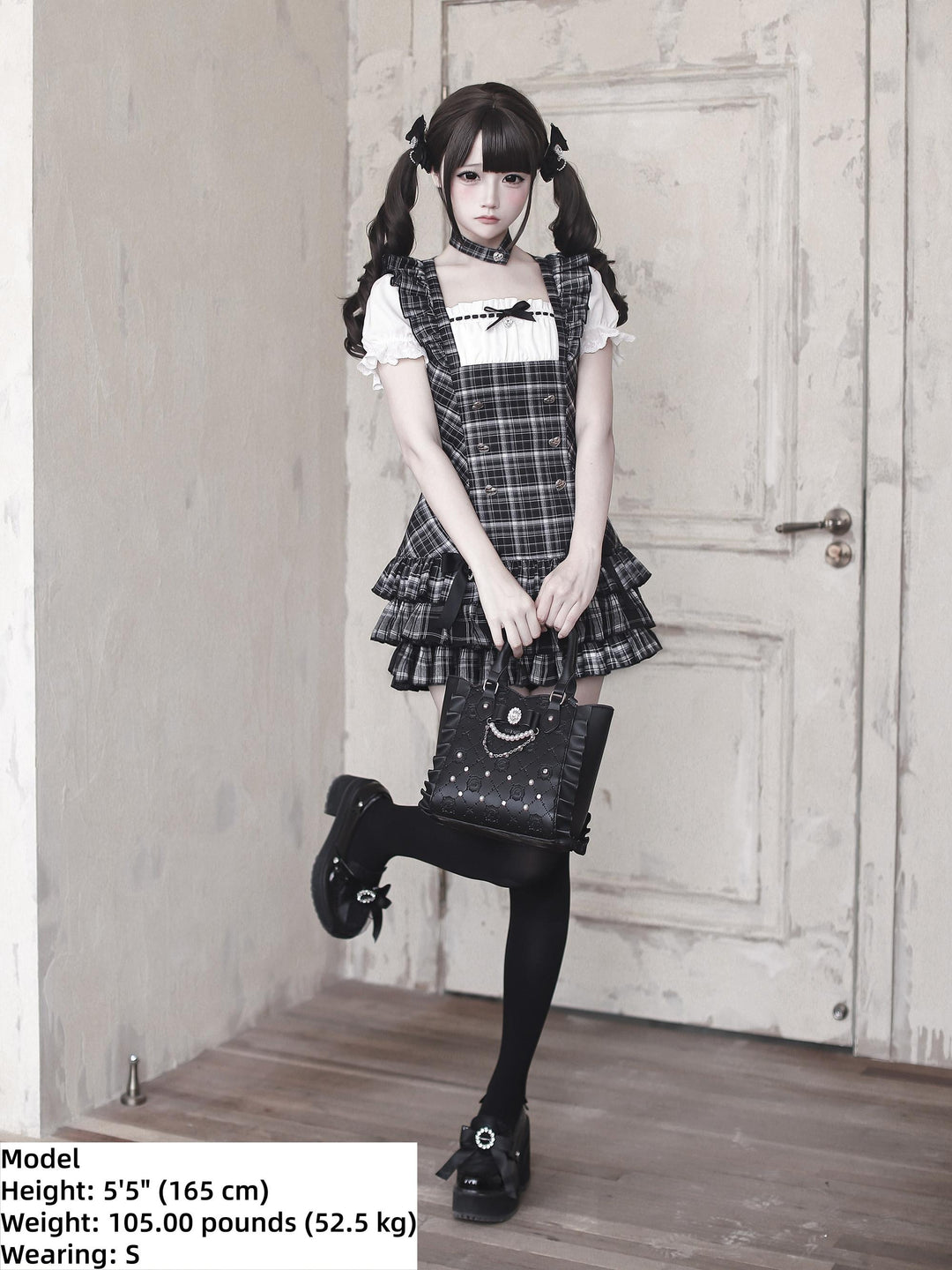 Jirai Kei Black Plaid Dress Set, Heart-Shaped Rhinestone 45004:834682