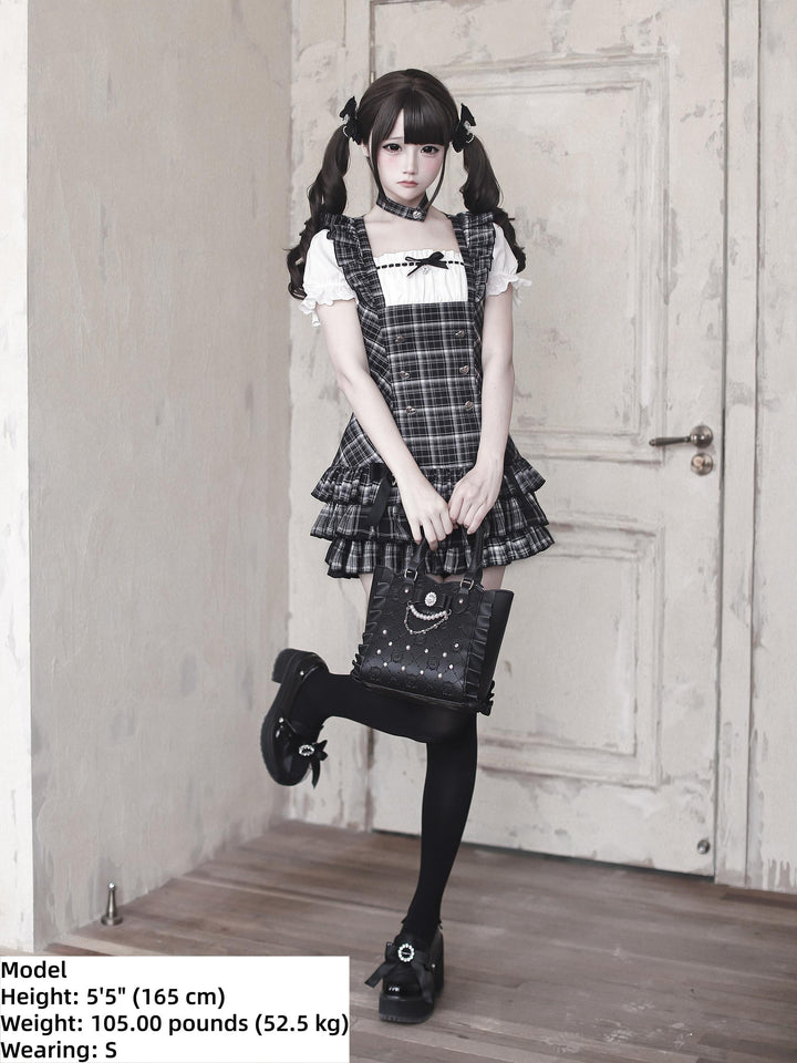 Jirai Kei Black Plaid Dress Set, Heart-Shaped Rhinestone 45004:834682
