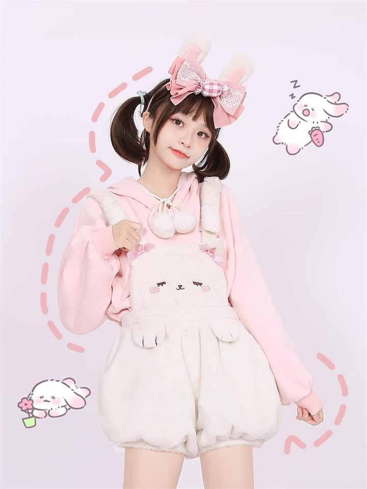 Kawaii Fashion Fluffy Bunny Bear Overalls Hoodie Bear Bag 22628:333532