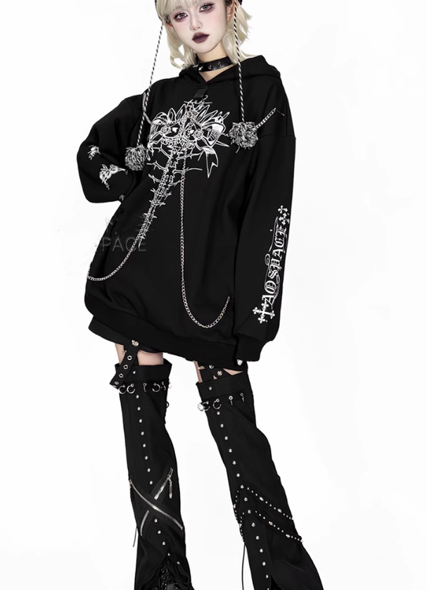 Jirai Kei Hoodie Gothic Sweatshirt Soul-Devouring Rabbit Bone Printed 42150:731194