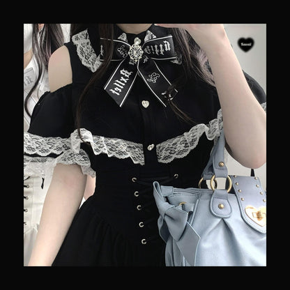 Jirai Kei Shirt Lace Open-shoulder Blouse Short Sleeve Top 36782:537560