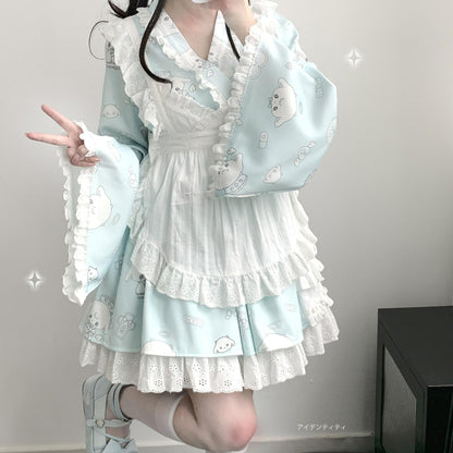 Tenshi Kaiwai Patchwork Skirt Kimono Top White Apron Three-Piece Set 36786:536946