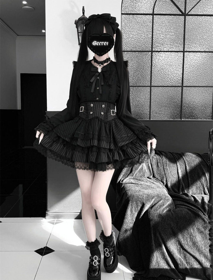 High-Waisted Jirai Kei Skirt, Lace Hem 44810:822757