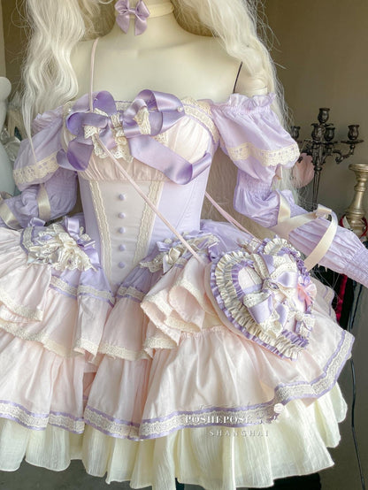 Lolita Dress Set Sweet Violet Pink Puffy Dress Corset Dress 36388:554842