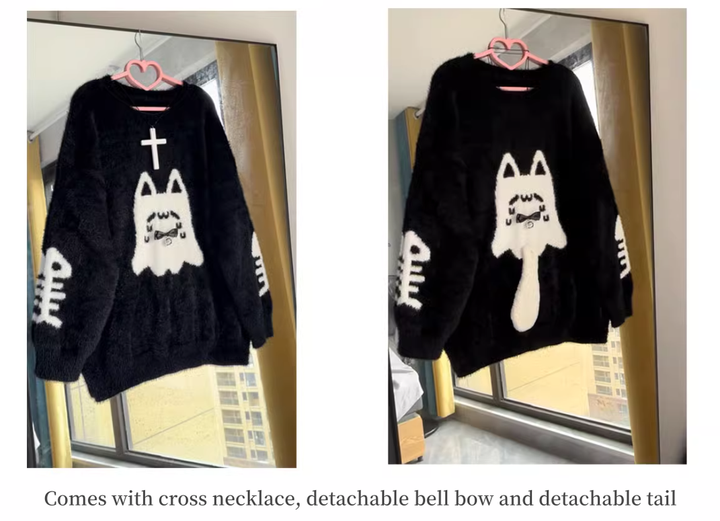 Jirai Kei Sweater Black Ghost Cat Print Couple Sweater 39952:646084