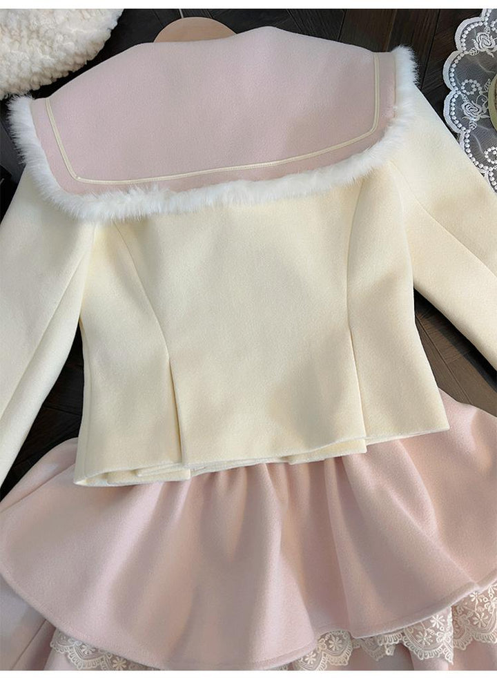 Ryousangata Beige Winter Coat Slim Pink Tiered Skirt 40880:690828