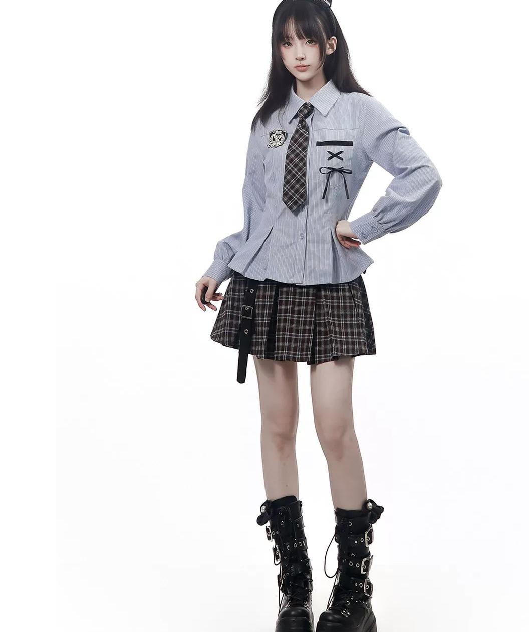 Preppy Reversible Plaid Jacket Set, Striped Blouse 45874:868463