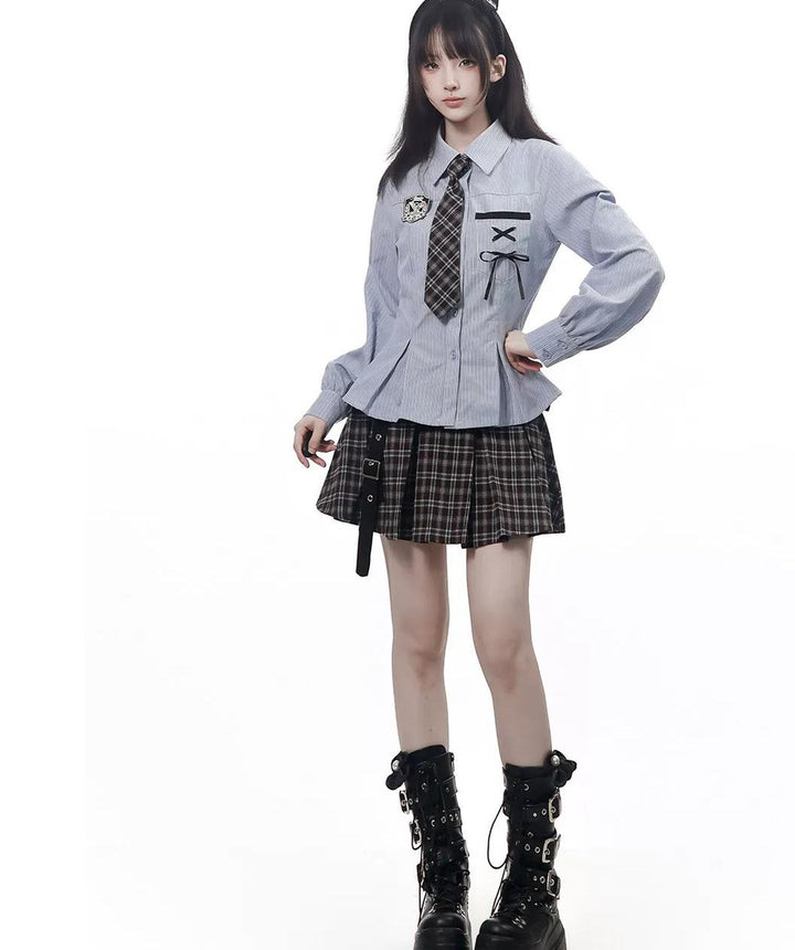 Preppy Reversible Plaid Jacket Set, Striped Blouse 45874:868463