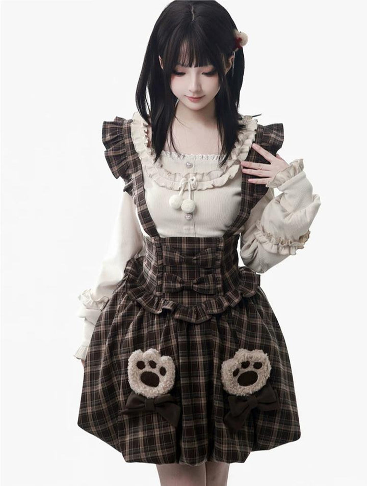 Winter Plaid Suspender Bubble Skirt, Bear Ear Plush Cape 45991:872199