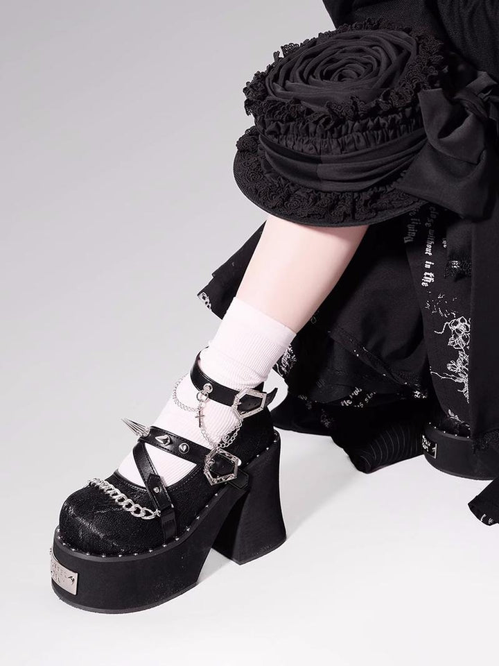 Y2K Punk Black/White Platform Shoes Round Head Riveted 29716:358918 29716:358918