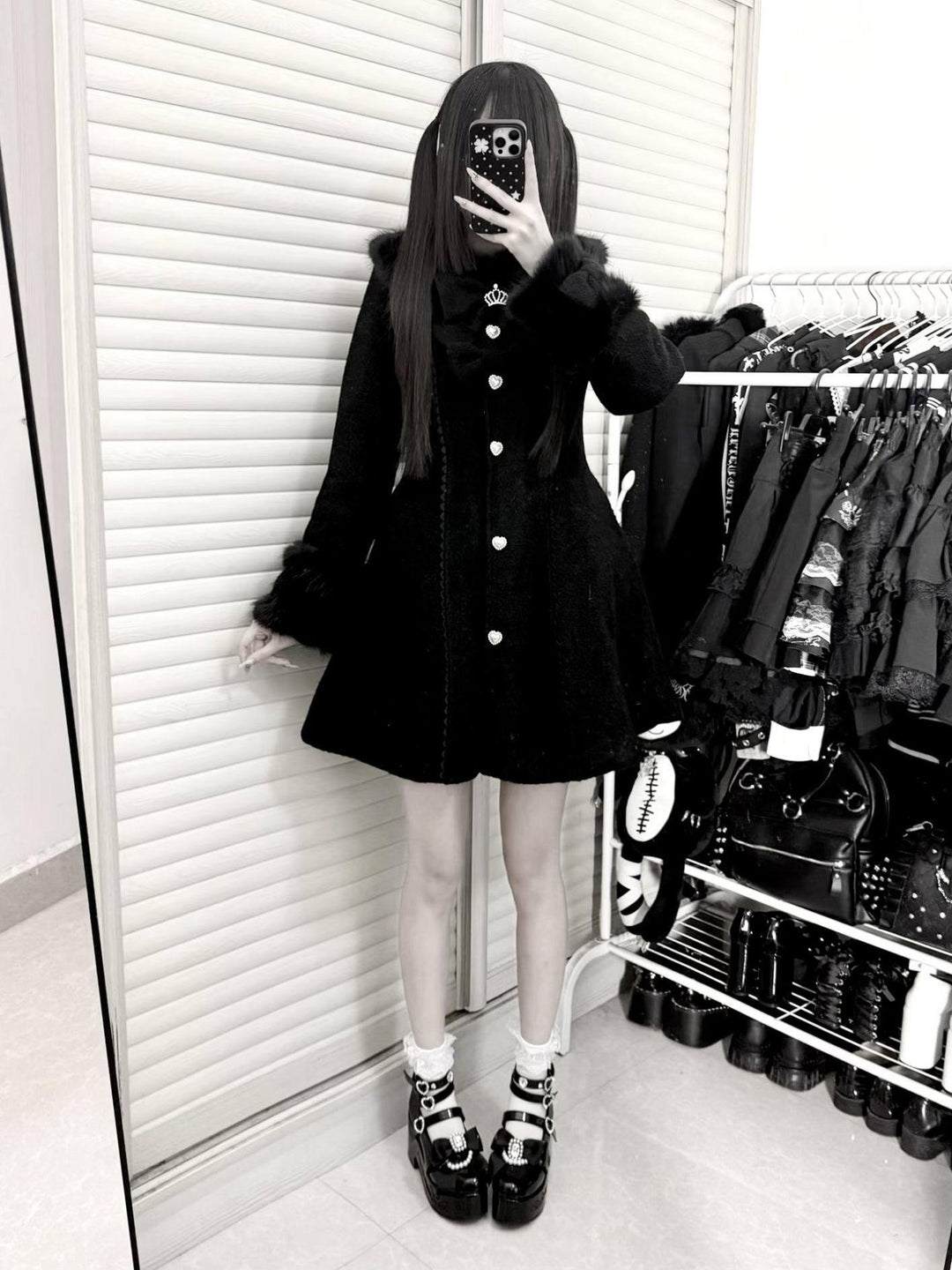 Jirai Kei Wool Blend Winter Coat, Quilted Lining 44567:813954