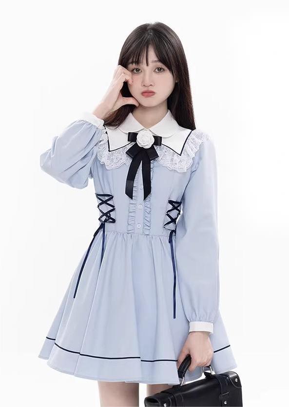 Kawaii French Style Light Blue Long Sleeve Ribbon Dress 21990:325112