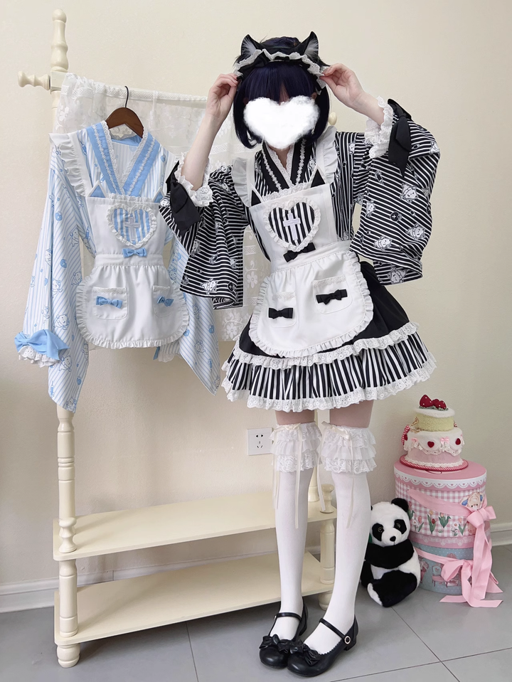 Kimono Lolita Blouse Striped Housemaid Skirt Set 37640:609500