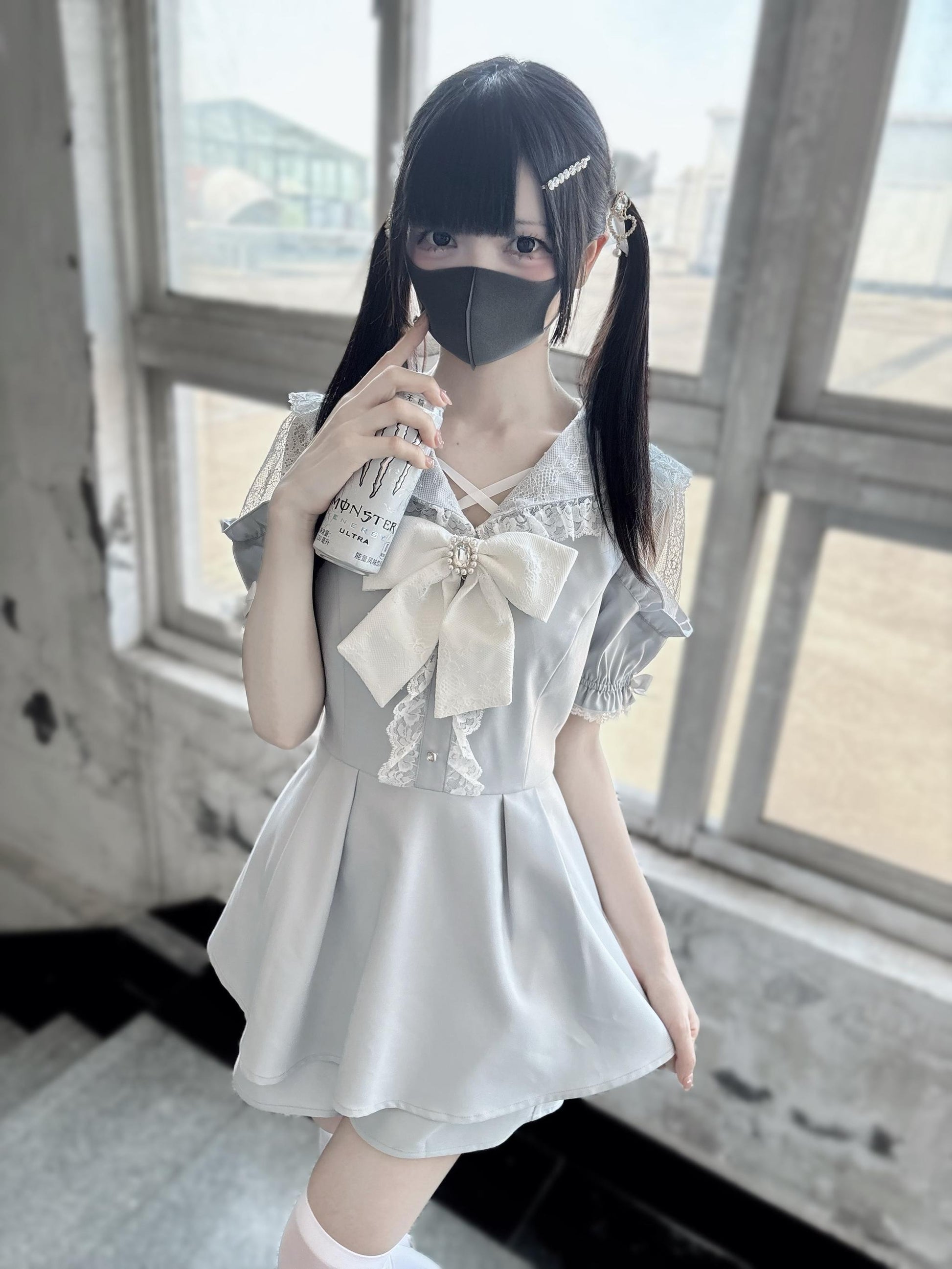 Jirai Kei Dress Set Short Sleeve Lace Dress And Shorts 37652:568130