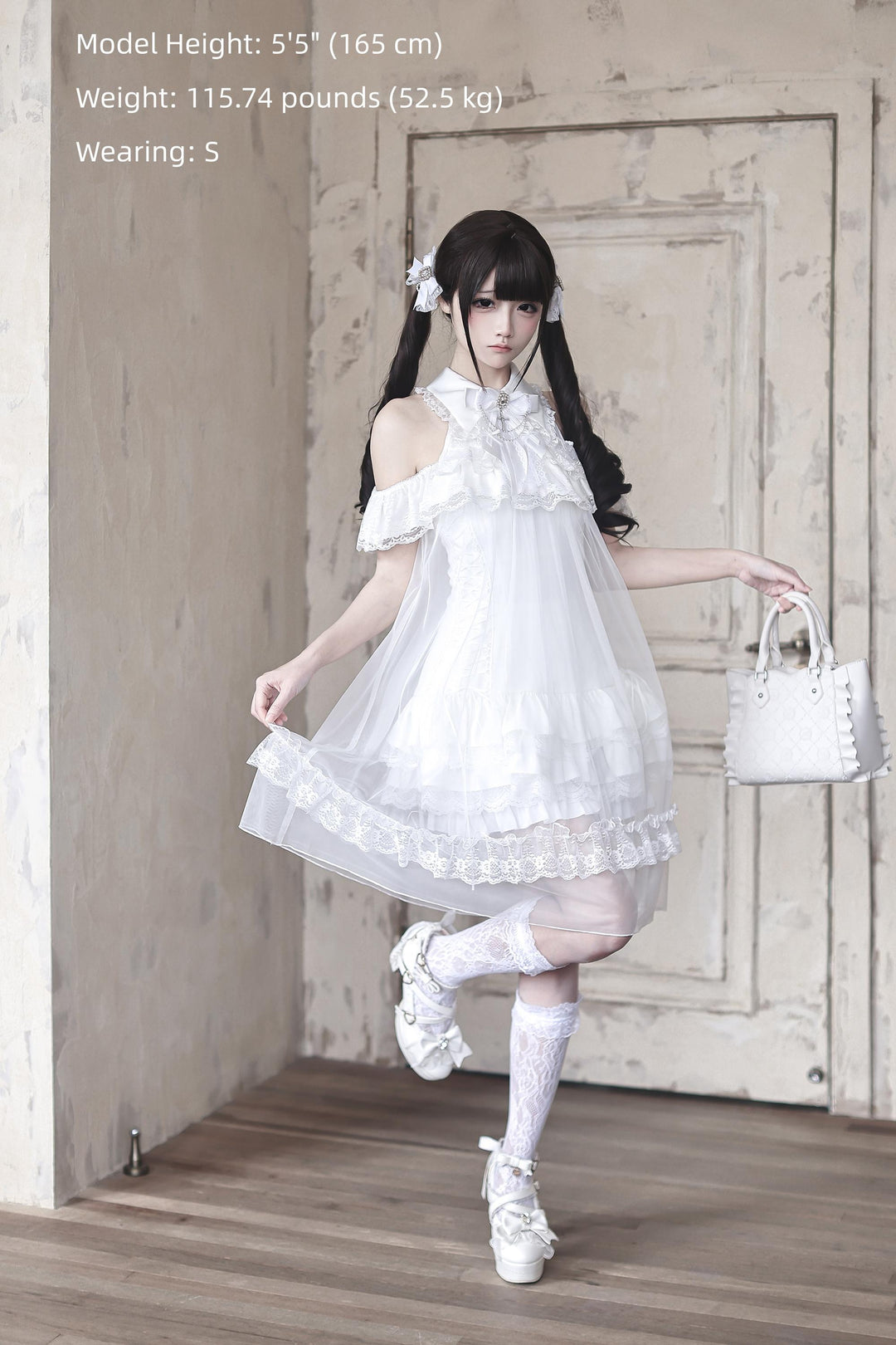 White Lace Open Shoulder Dress, Voile Outer Layered 45423:850602