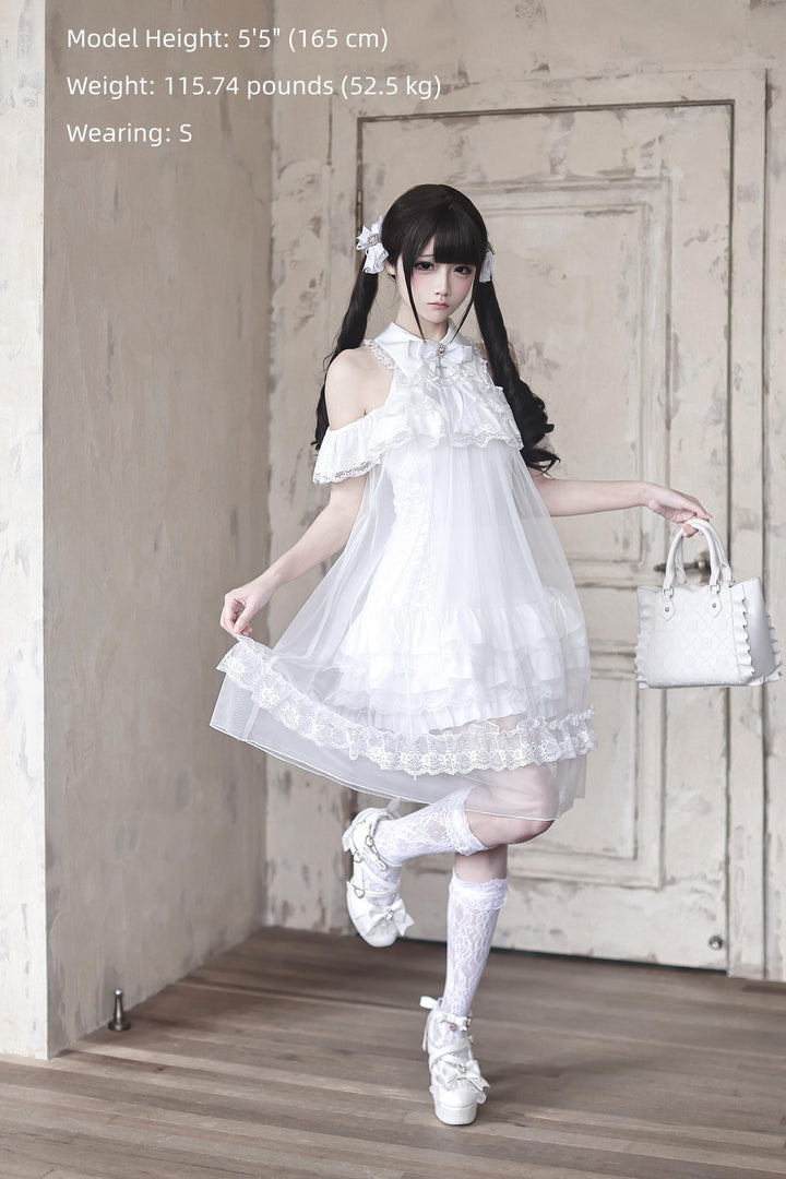 White Lace Open Shoulder Dress, Voile Outer Layered 45423:850602