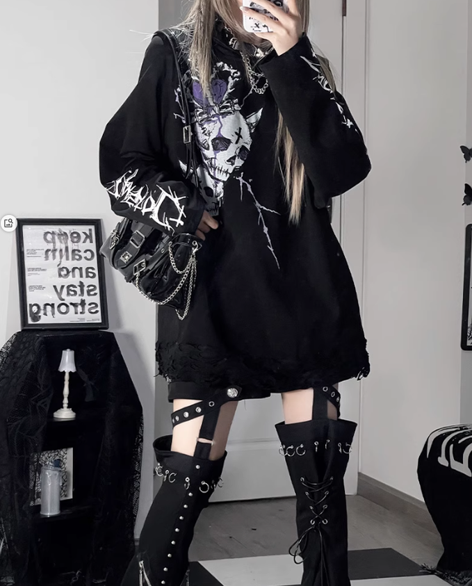 Gothic Cotton Hooded Shirt, Skull Printed 43876:788981