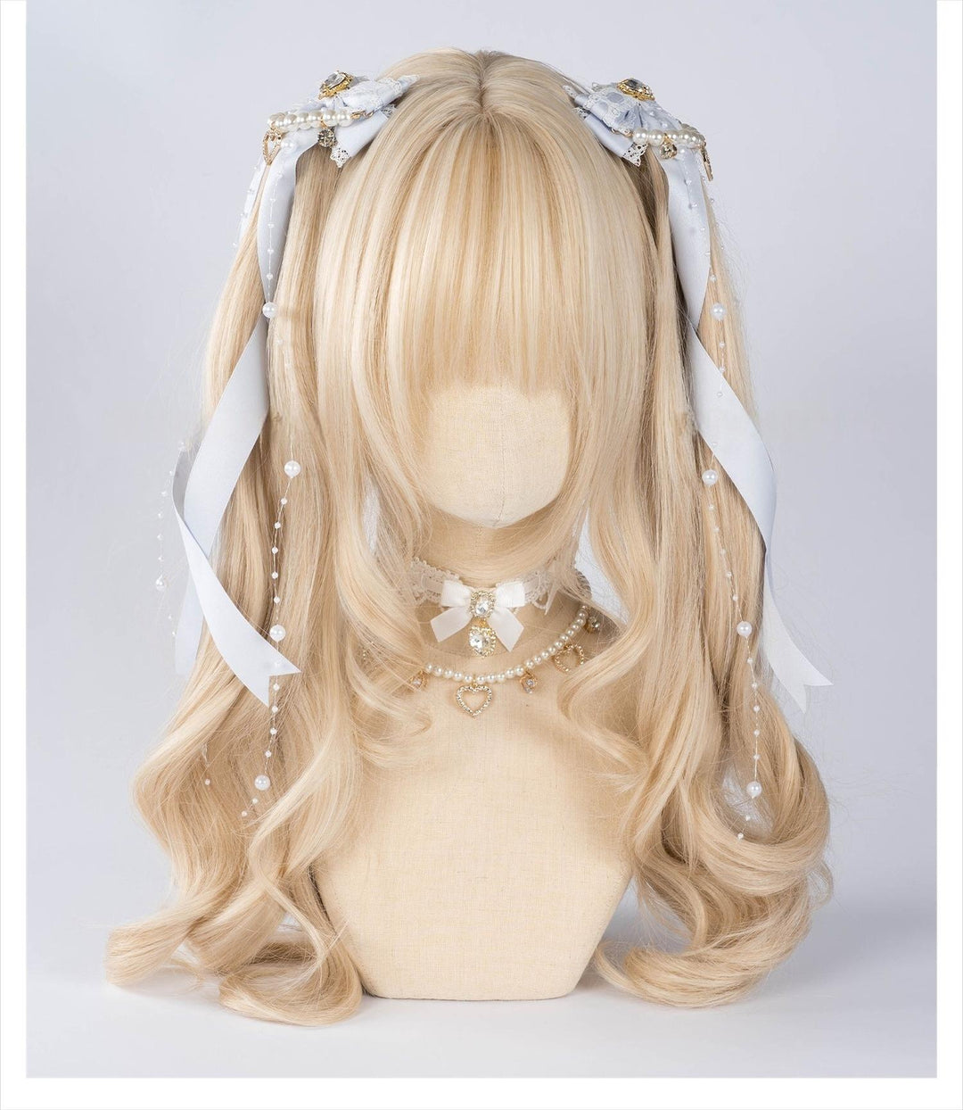 Jirai Kei Bow Hair Clip, Heart Rhinestone, Pearl Chain, Lace Trim 43501:778529