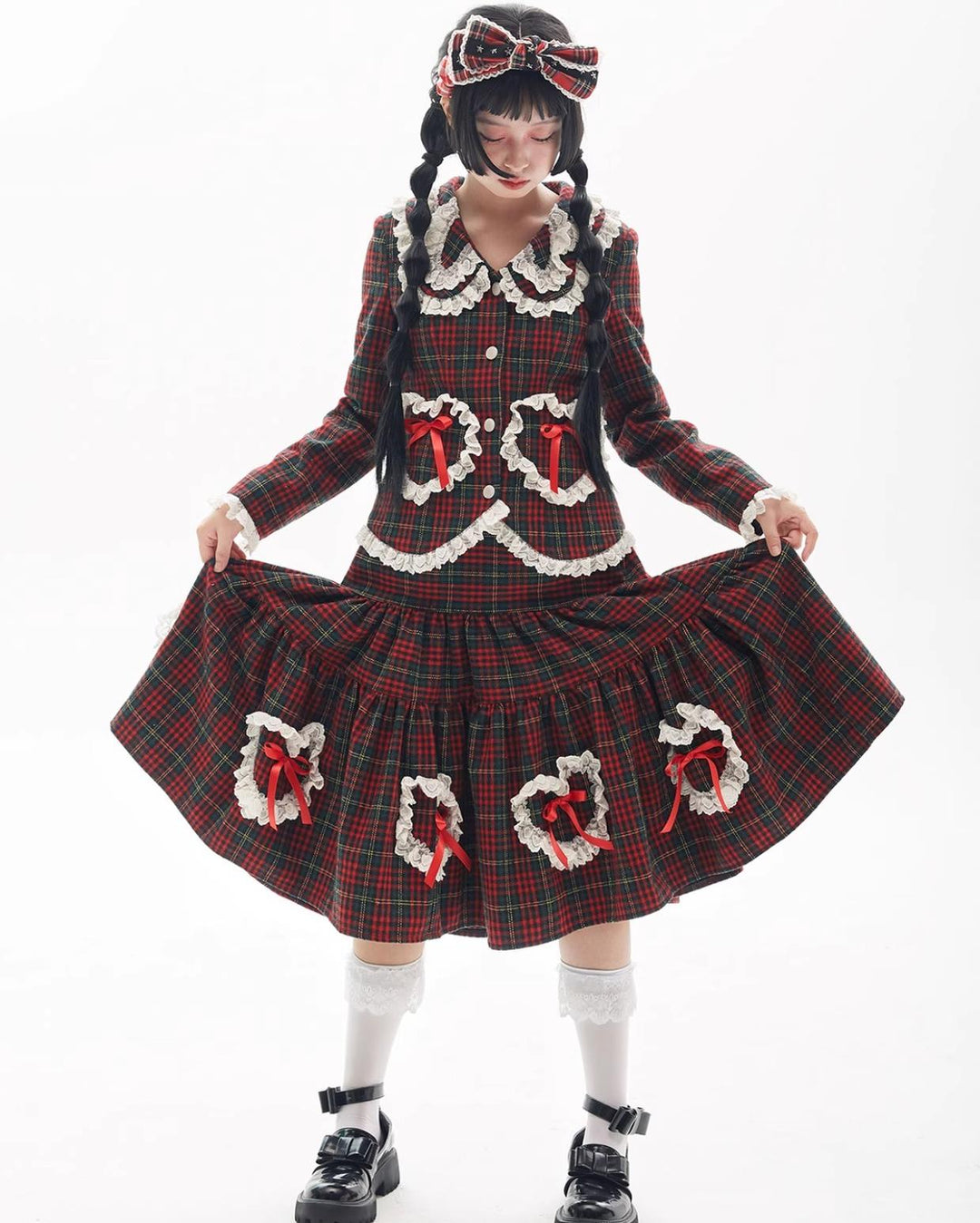 Retro Lolita Skirt Showa Christmas Winter Red Plaid Skirt 40316:662978