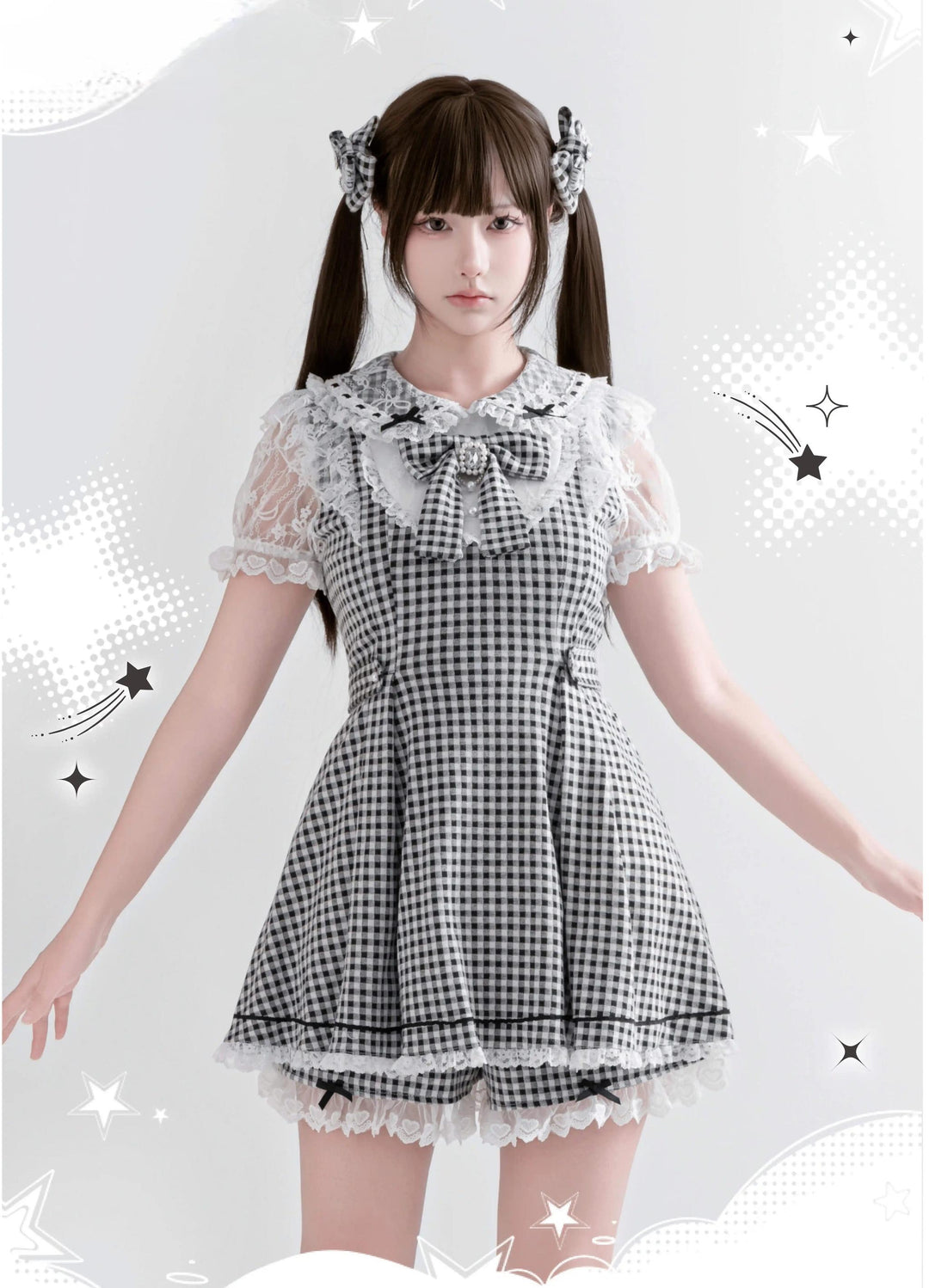 Jirai Kei Plaid Dress Set, Rhinestone Collar Bow (L M S XL) 45008:837323