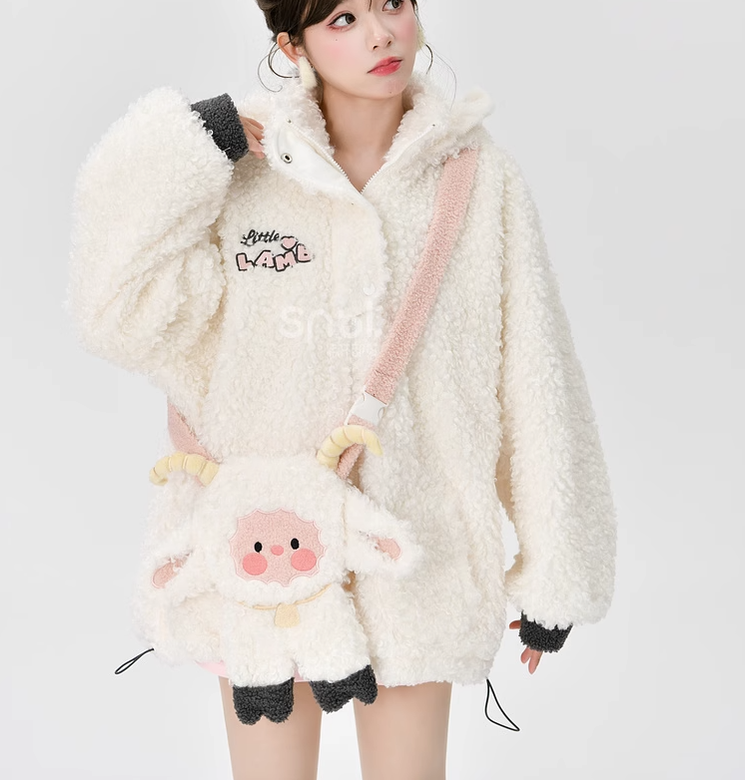 Mori Kei White Winter Jacket Little Sheep Fleece Coat 22696:328702