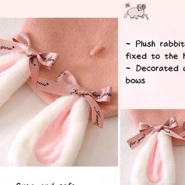 Jirai Kei Pink Hat Plush Rabbit Ear Bow Wool Beret 33804:447164 33804:447164