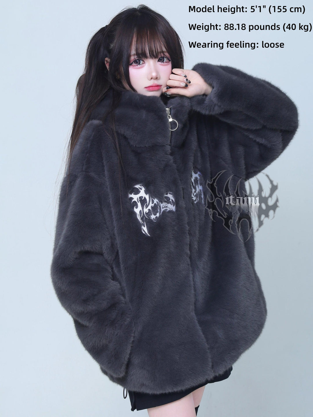 Gothic Gray Faux Fur Coat, Oversized 44519:812197
