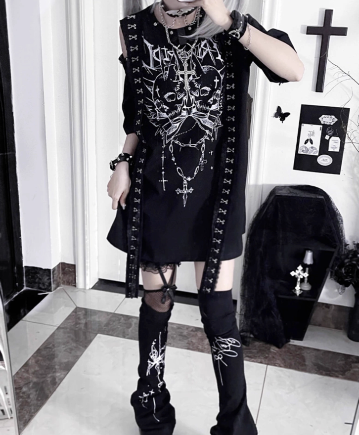 Open-Shoulder Subculture Cotton T-Shirt 43872:789435