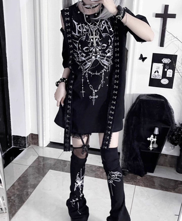 Open-Shoulder Subculture Cotton T-Shirt 43872:789435