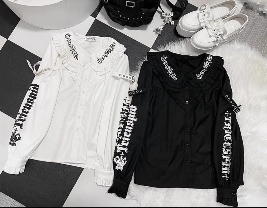Black/White Jirai Kei Blouse with Skull Print & Peter Pan Collar 42861:758991