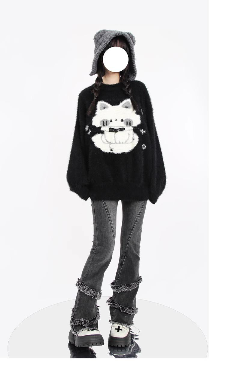 Kawaii Black Sweater Fluffy Voluminous Thickening Sweater 22752:326926 22752:326926