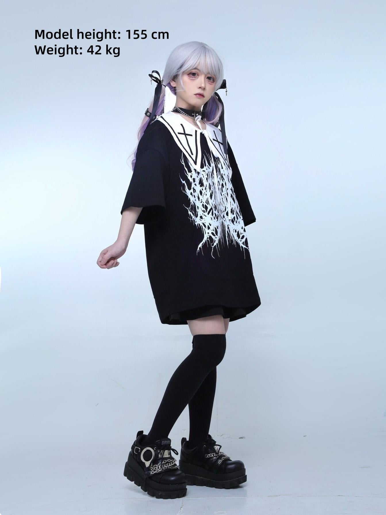 Gothic Jirai Kei Black T-shirt Cross Embroidery Fake Collar