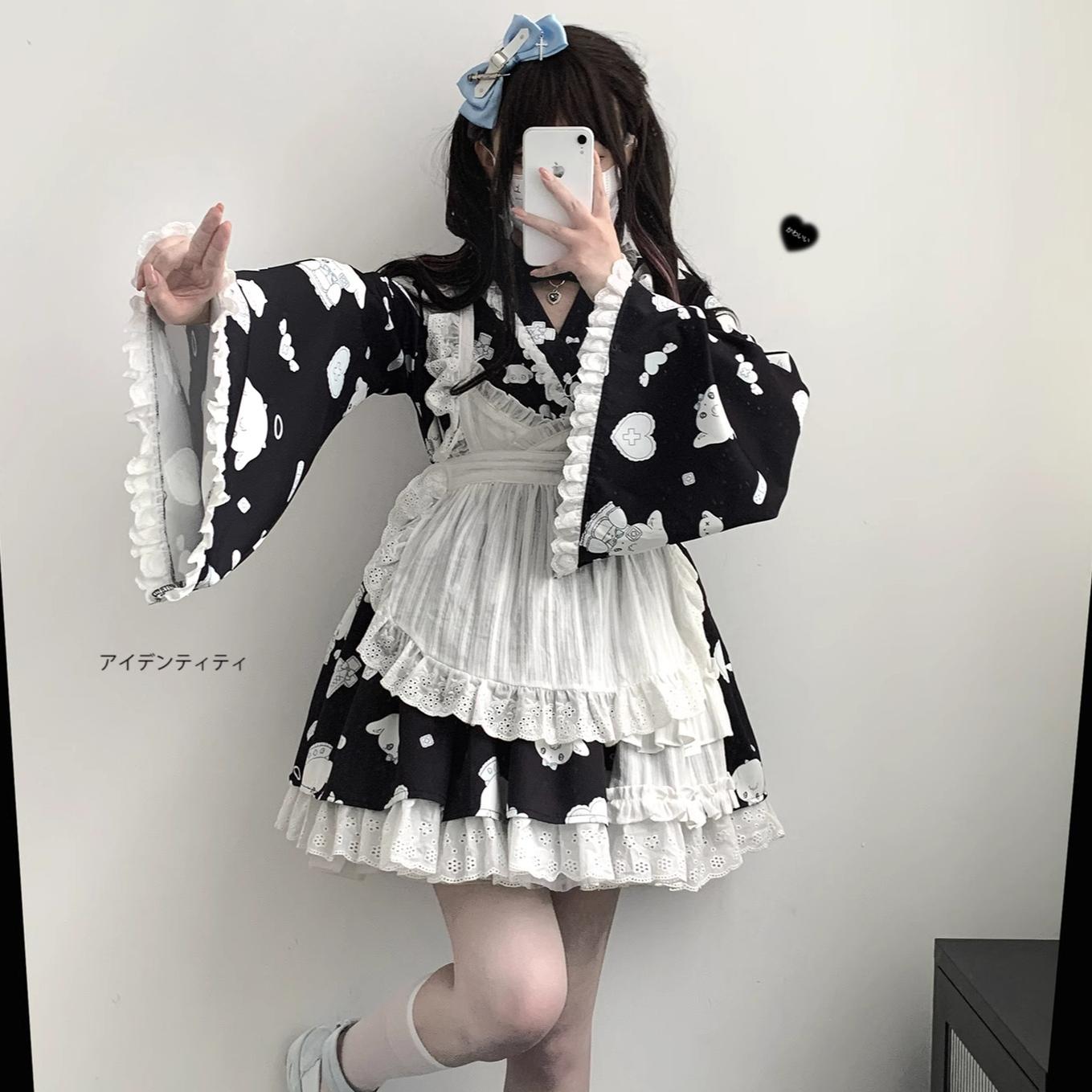 Tenshi Kaiwai Patchwork Skirt Kimono Top White Apron Three-Piece Set 36786:536712