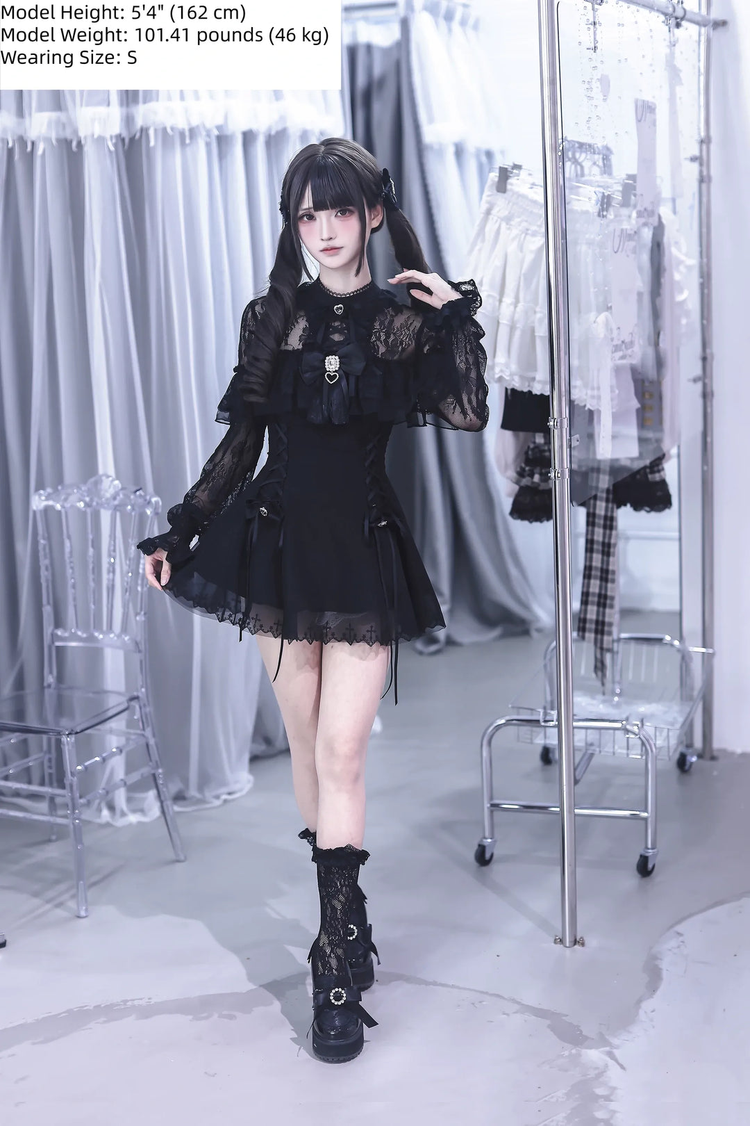 Black Jirai Kei Lace Dress, Cross-detail Hem 45837:864825