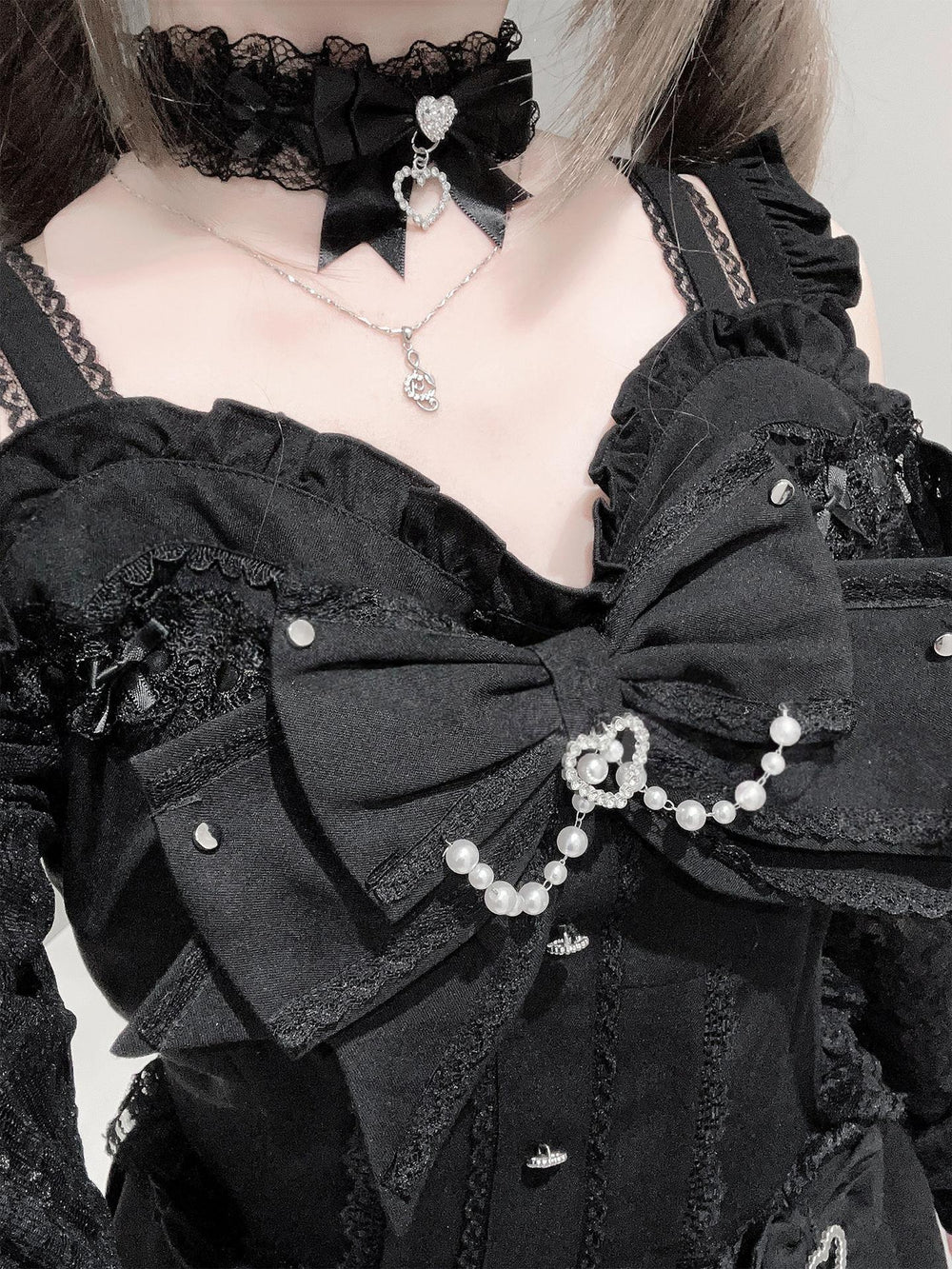 Jirai Kei Open-Shoulder Dress, Lace Sleeves 44417:807608