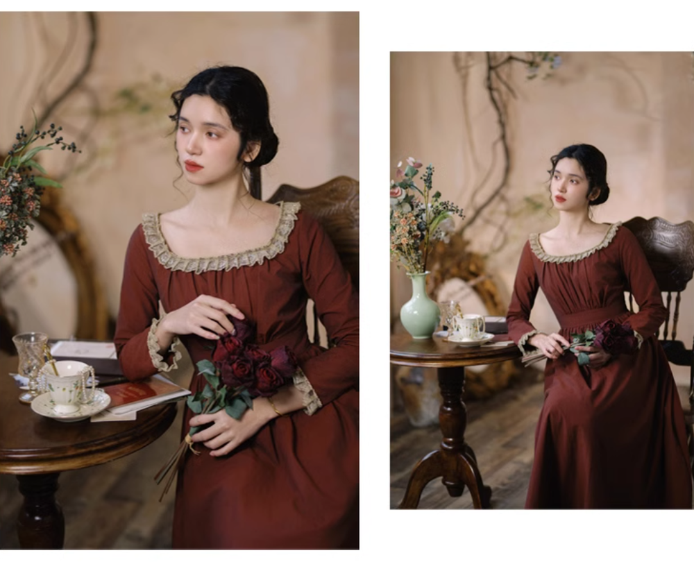 Mori Kei Dress Classical Oil Painting Dress Rust Red Dress 36348:544710