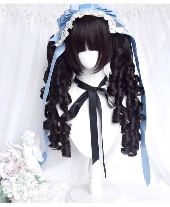 Black Jirai Kei Wig Set Lolita Roman Curly Double Ponytail 42183:732999