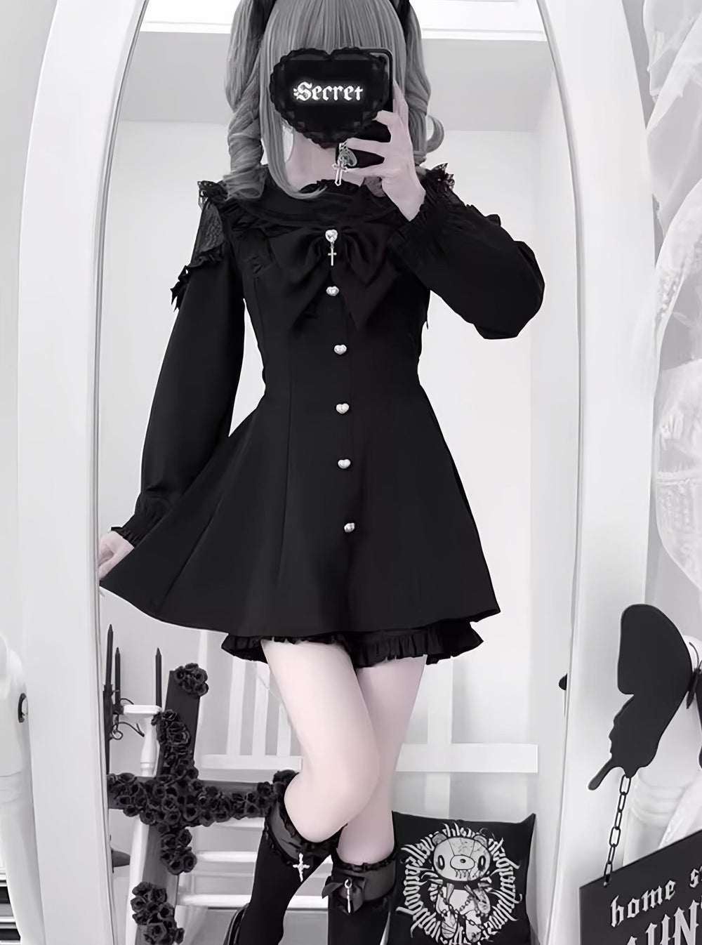 Jirai Kei Set Up A-line Dress In Short/Long Sleeve Style 43295:772888