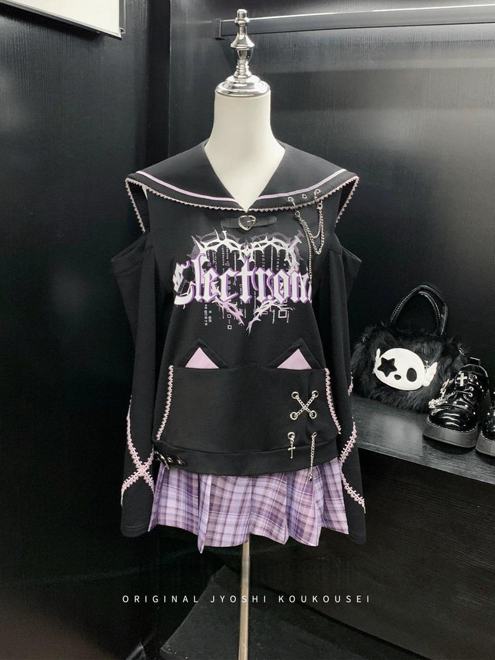Sub Culture Sweatshirt, Cat Ear Sailor Collar, Front Pocket 43810:786462