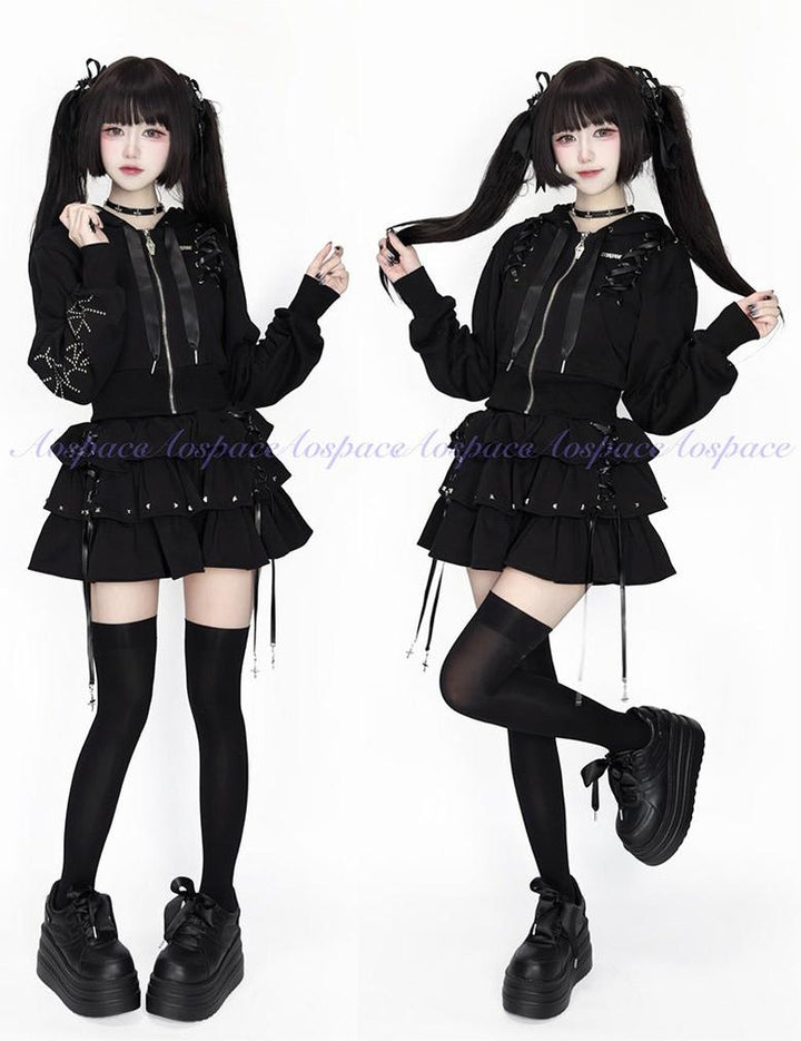 Subculture Skirt Outfit, Short Zipper Closure Hoodie 44484:816742