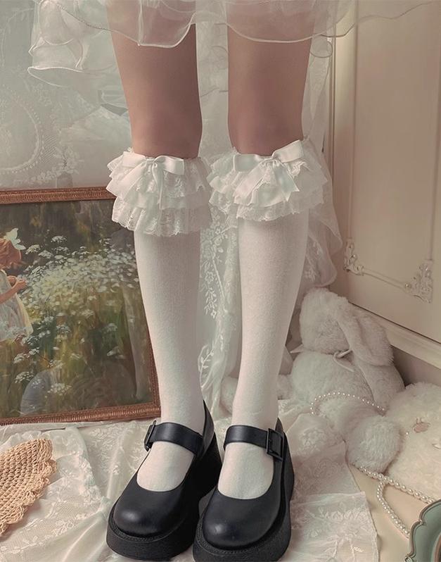 Lolita Socks Layers Lace Frill Cotton Mid-Calf Socks With Bows 42243:734844