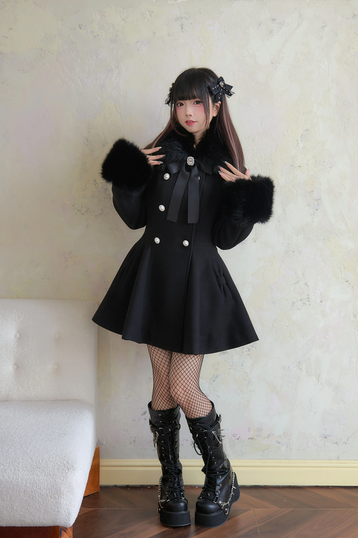 Jirai Kei Winter Coat Mid-length Coat Slim Fit Big Hem Coat 40570:674396