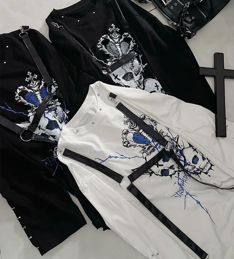 Gothic Printed Long Sleeve Tee, Detachable Strap 44336:804682