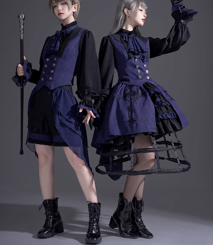 Ouji Lolita Prince Outfit Navy Blue Lolita Blouse Skirt Set 39360:633358